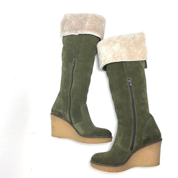 Skinnycalf Italy Olive Suede Shearling Over The Knee Wedge Boots US 8,5-9 - Picture 6 of 16